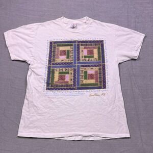 Vintage Delta Quilt Graphic T Shirt Womens Large White Short Sleeve Made in USA
